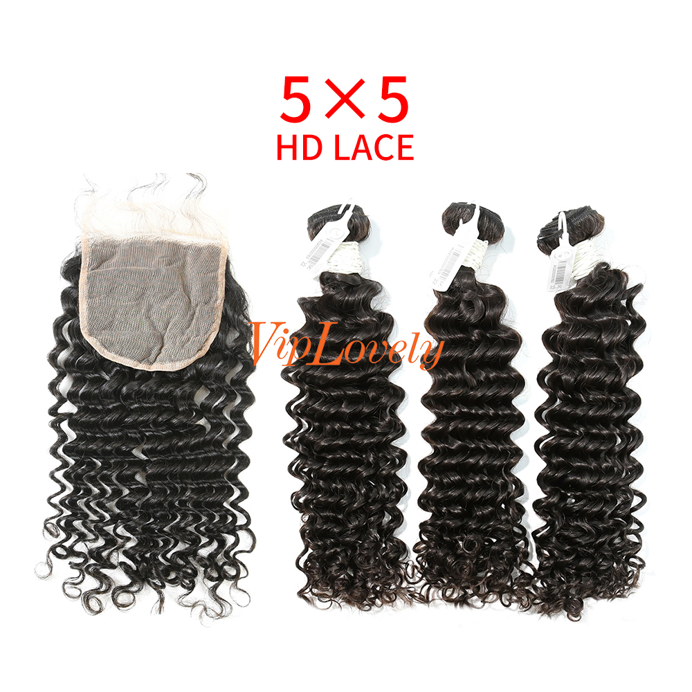 HD Lace Virgin Human Hair Bundle with 5×5 Closure Deep Curly