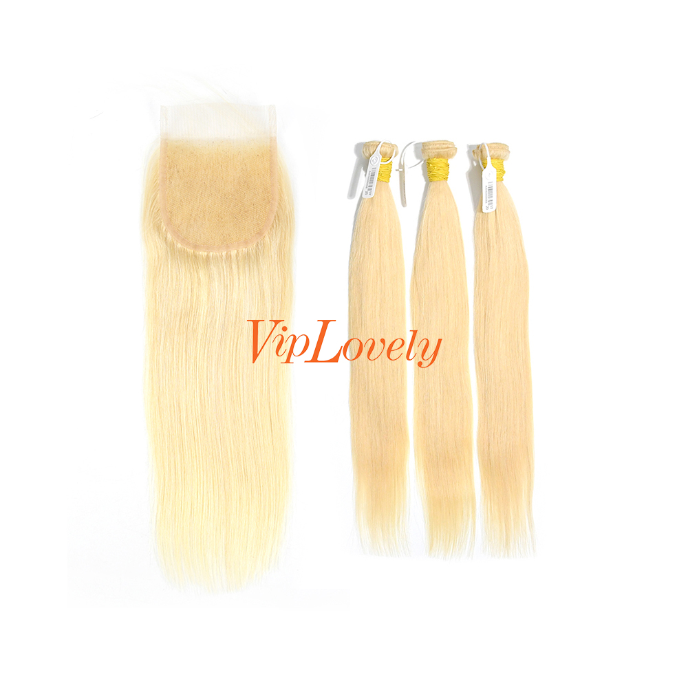 Blonde #613 European Raw Human Hair 4X4 Lace Closure With Hair Weft Straight
