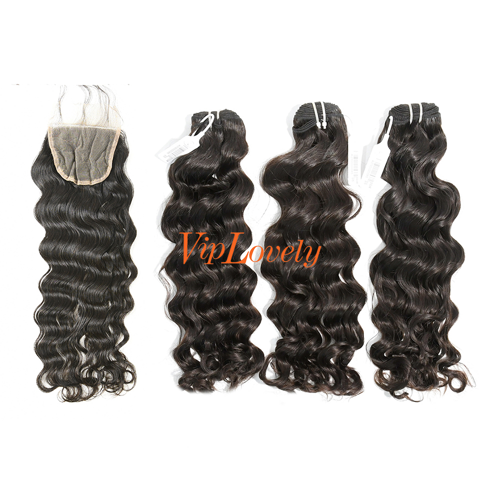 #1b Brazilian Virgin Human Hair 4X4 Lace Closure With Hair Weft Indian wave