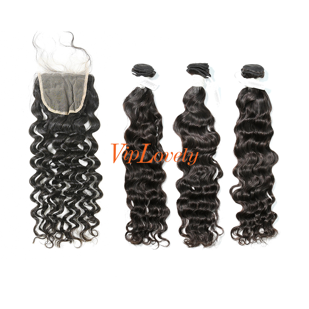 #1b Brazilian Virgin Human Hair 4X4 Lace Closure With Hair Weft Indian Curly