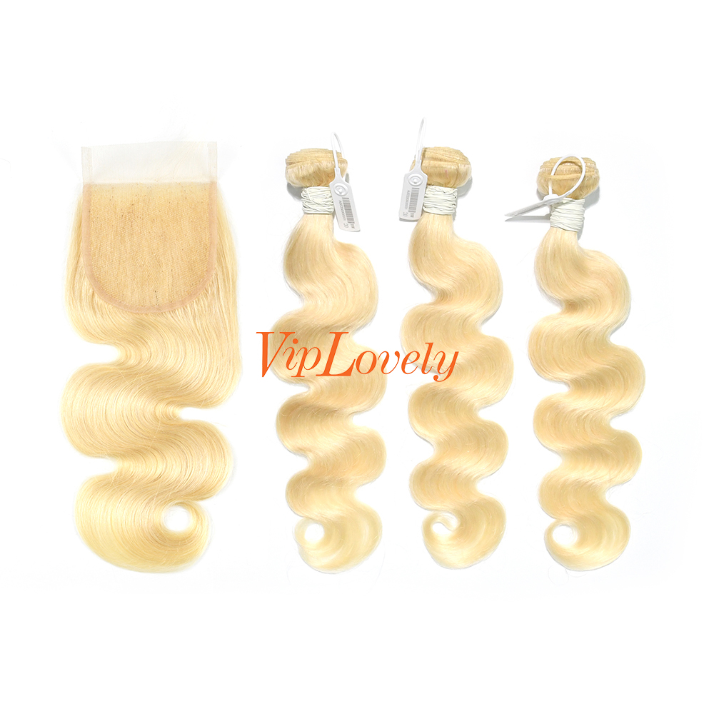 Blonde #613 European Virgin Human Hair 4X4 Lace Closure With Hair Weft Body Wave