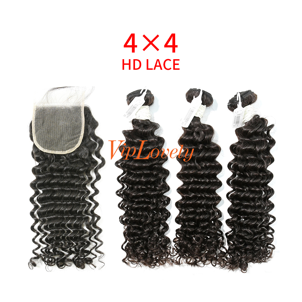 HD Lace Virgin Human Hair Bundle with 4×4 Closure Deep Curly