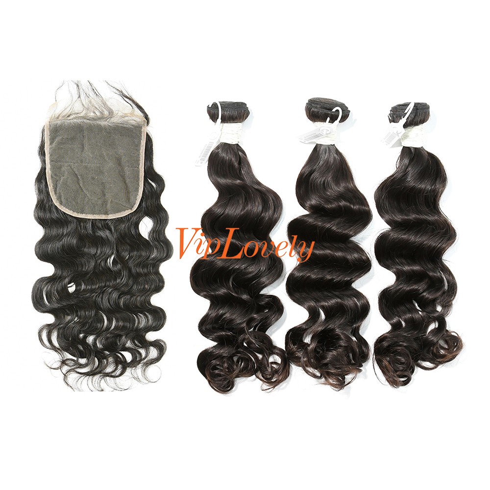 #1b Brazilian Virgin Human Hair Bundle with 5×5 Lace closure Ocean Wave