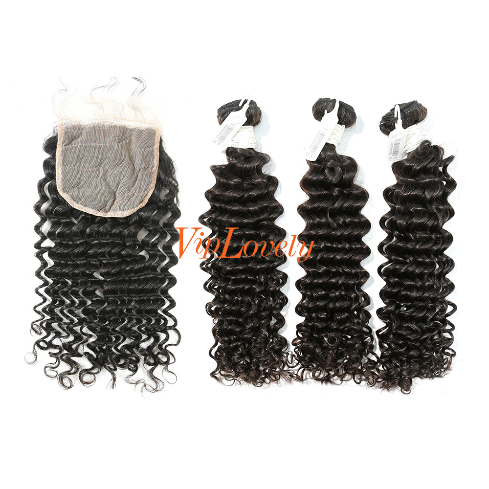#1b Brazilian Virgin Human Hair Bundle with 5×5 Lace closure Deep Curly
