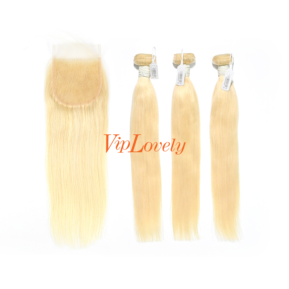 Blonde #613 European Virgin Human Hair 4X4 Lace Closure With Hair Weft Straight