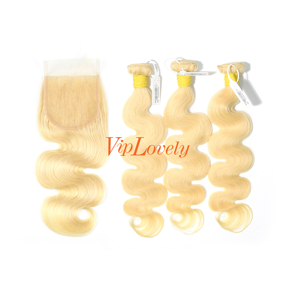 Blonde #613 European Raw Human Hair 4X4 Lace Closure With Hair Weft Body Wave