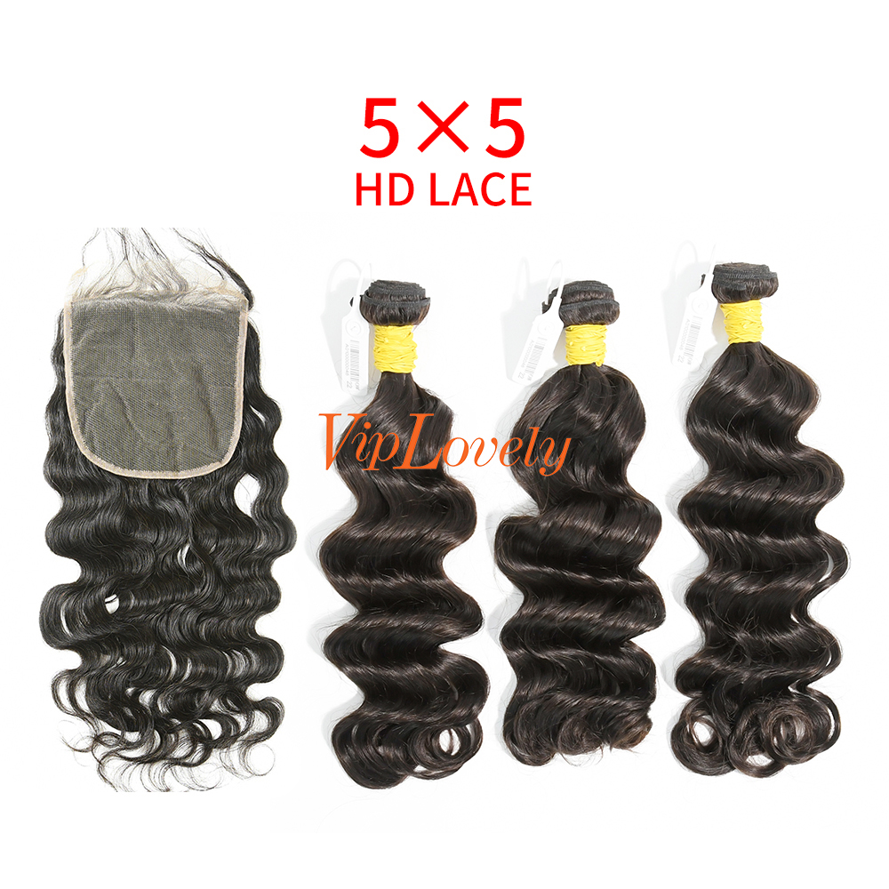HD Lace Raw Human Hair Bundle with 5×5 Closure Ocean Wave