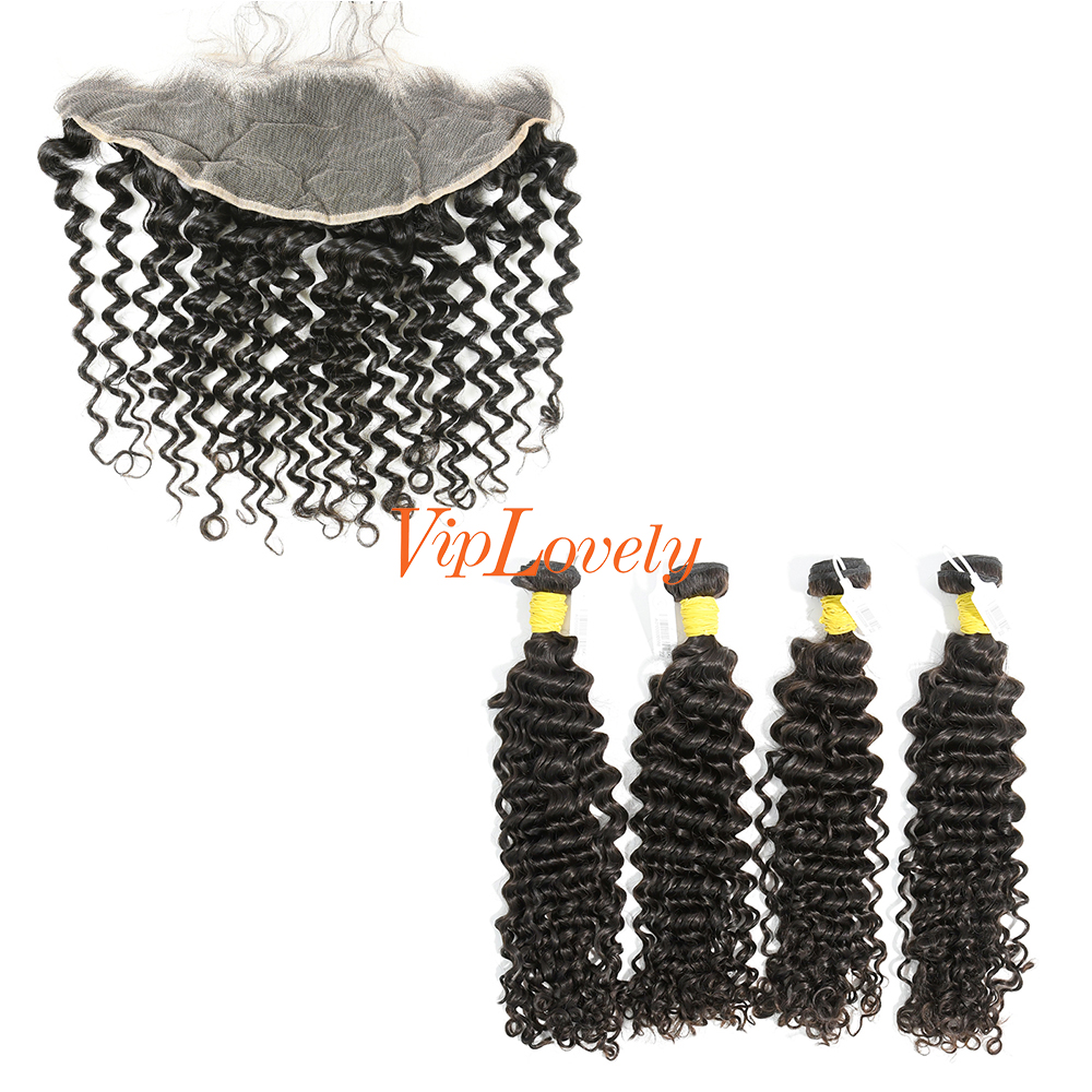 #1b Brazilian Raw Human Hair Weft with 13×4 Frontal Deep Curly