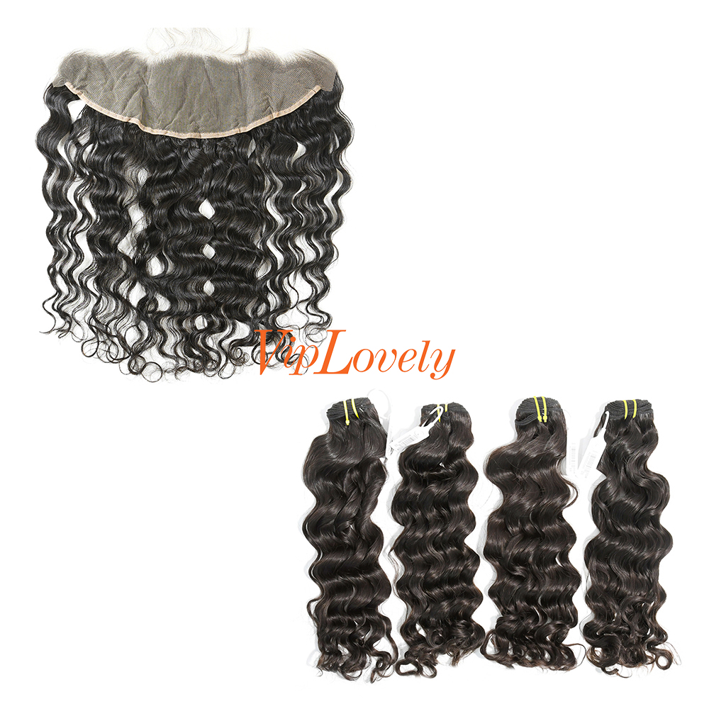 #1b Brazilian Raw Human Hair Weft with 13×4 Frontal Indian wave