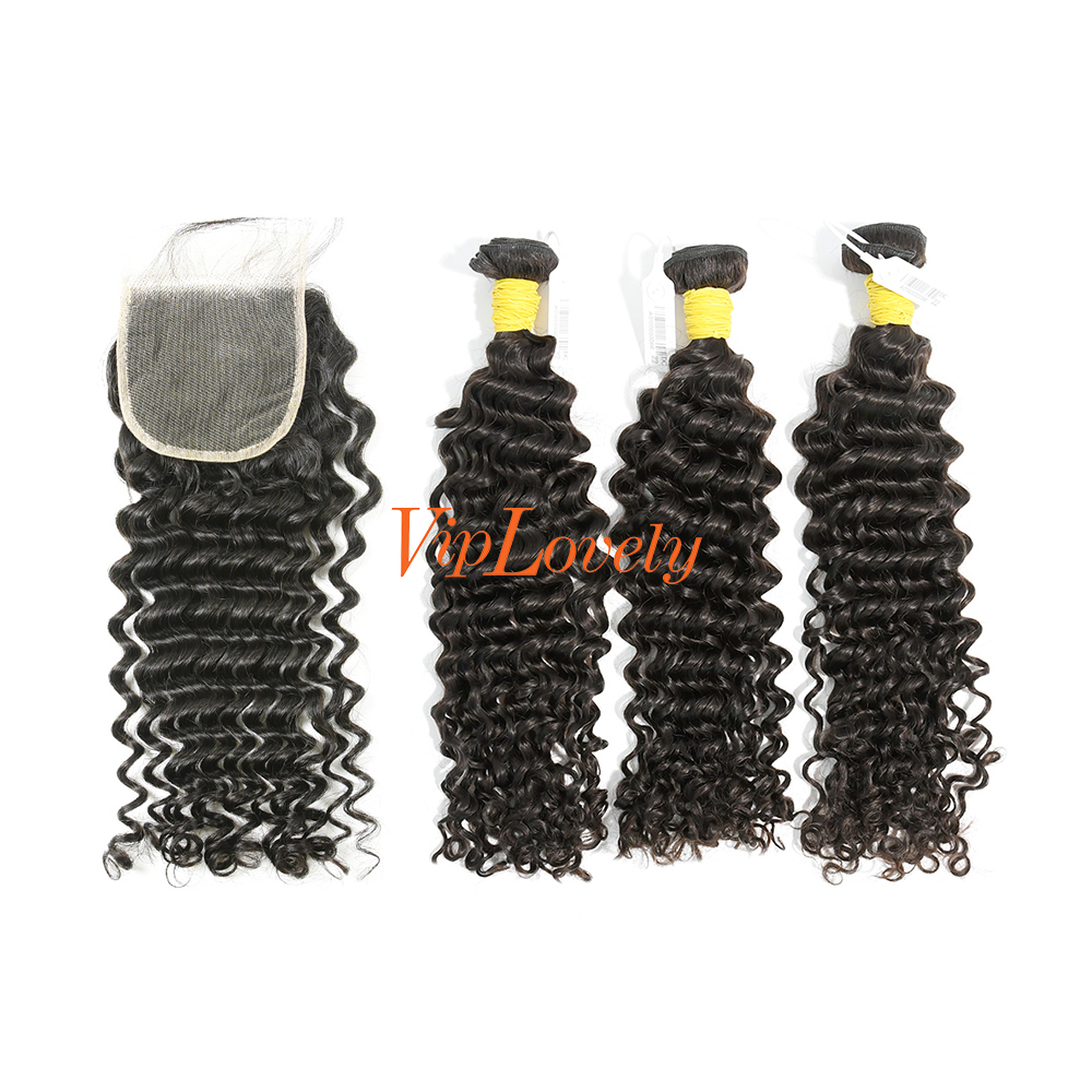 #1b Brazilian Raw Human Hair Weft with 4x4 Closure Deep Curly