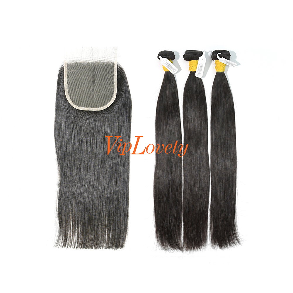 #1b Brazilian Raw Human Hair Weft with 4x4 Closure Straight