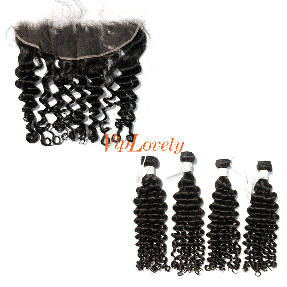 #1b Brazilian Virgin Human Hair Weft with 13X4 Frontal Deep Wave