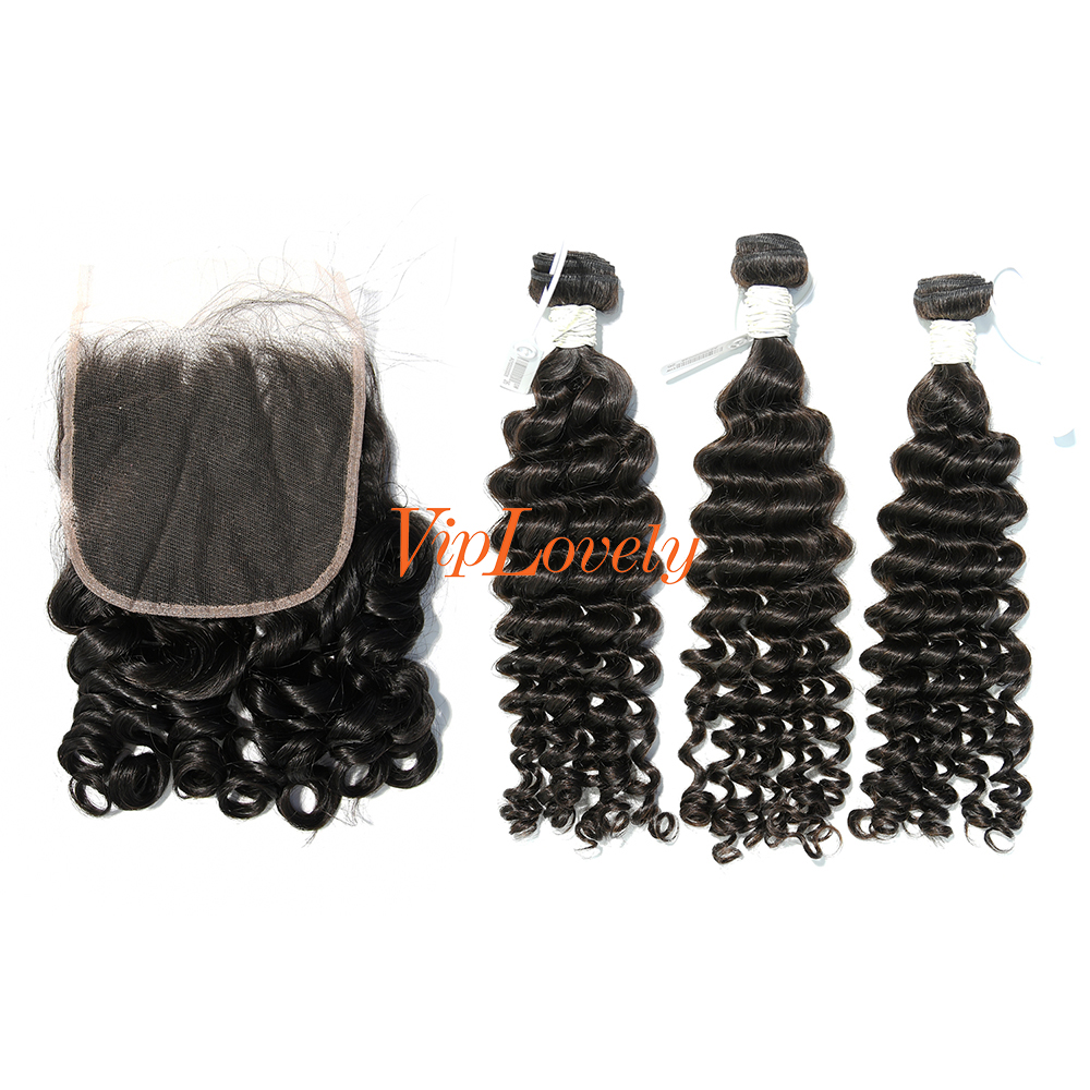 #1b Brazilian Virgin Human Hair Bundle with 5×5 Lace closure Deep Wave