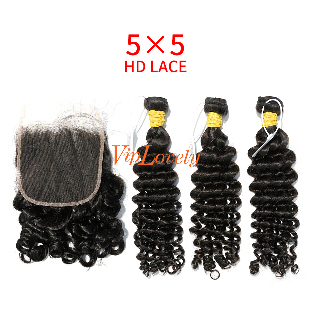 HD Lace Raw Human Hair Bundle with 5×5 Closure Deep Wave