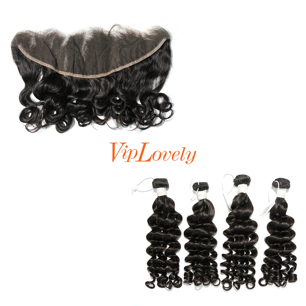#1b Brazilian Virgin Human Hair Weft with 13x4 Frontal Loose Wave