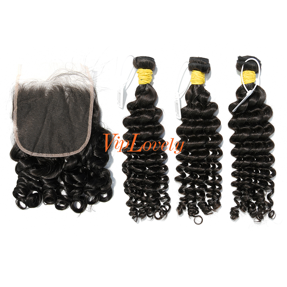 #1b Brazilian Raw Human Hair Weft with 5×5 Closure Deep Wave