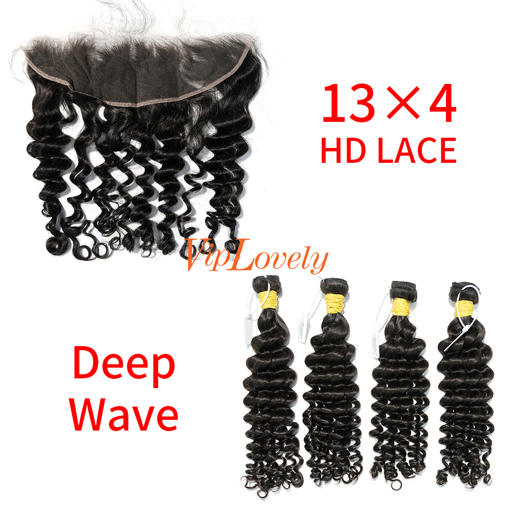 HD Lace Raw Human Hair Bundle with 13×4 Frontal Deep Wave