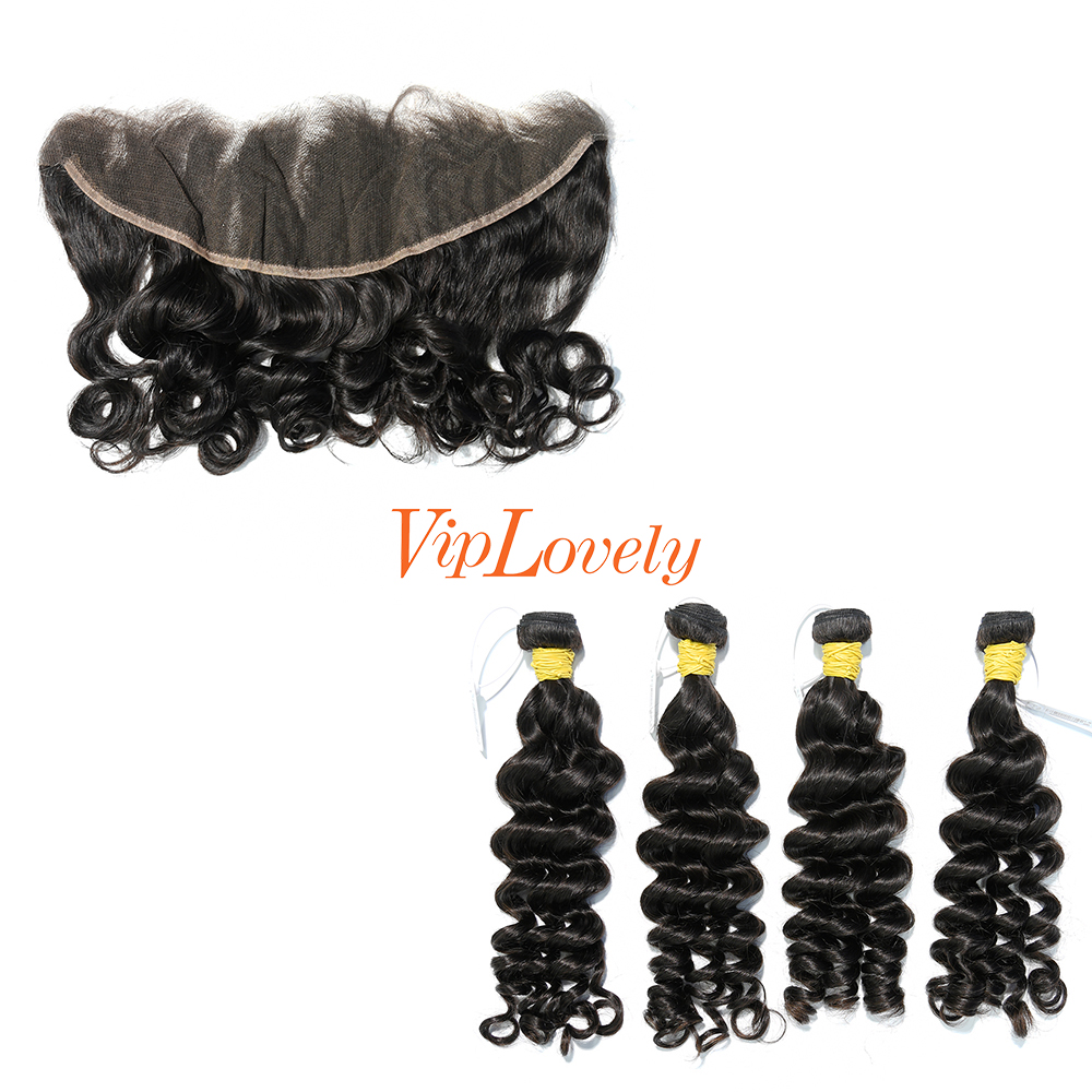 #1b Brazilian Raw Human Hair Weft with 13×4 Frontal Loose Wave