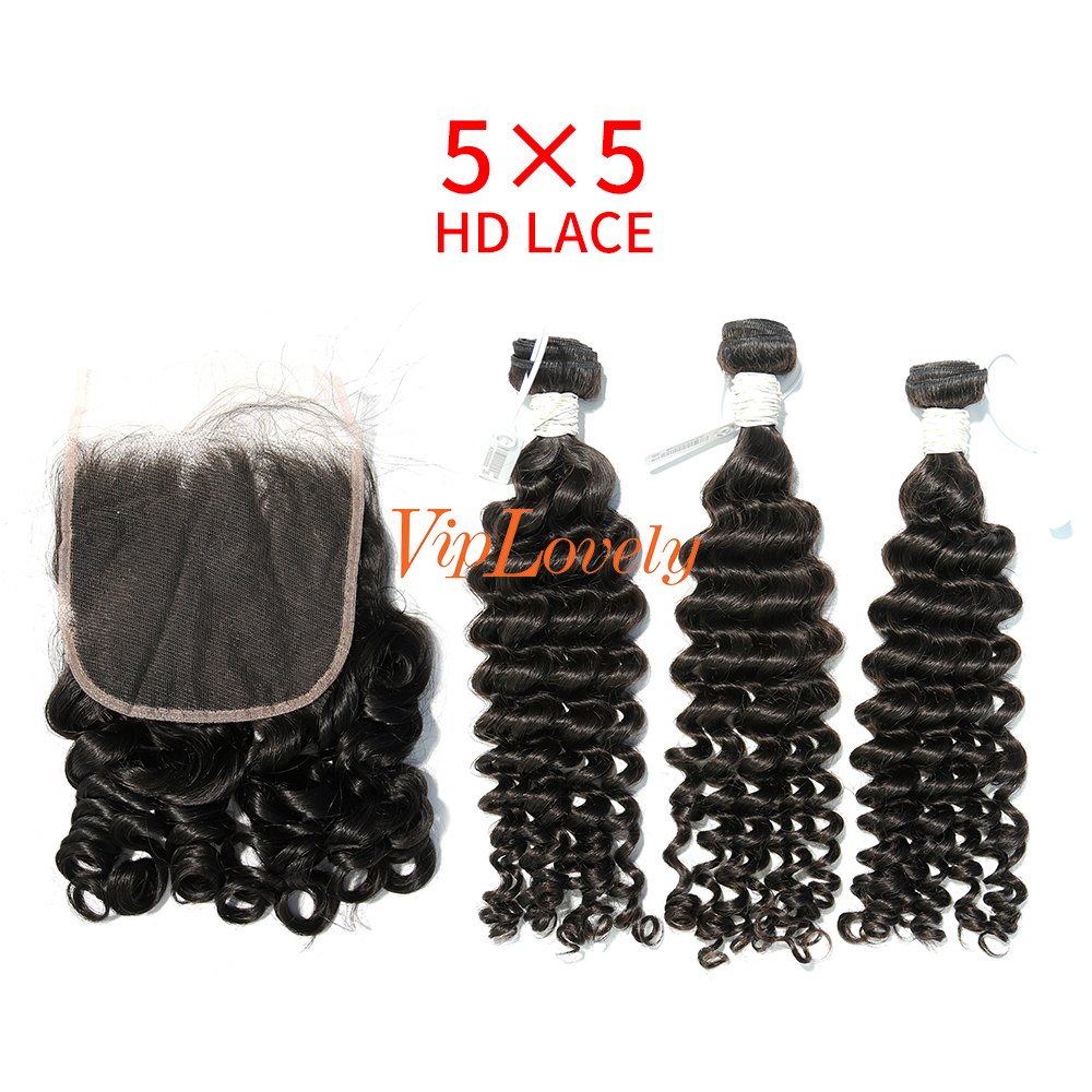 HD Lace Virgin Human Hair Bundle with 5×5 Closure Deep Wave